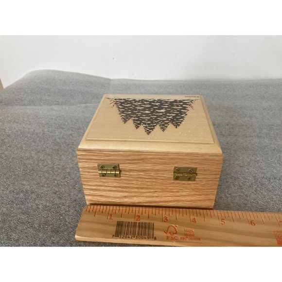 Wooden Jewelry Trinket Momento Box Engraved Snow on Evergreen Trees Signed - Picture 5 of 6